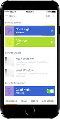 Mobile app interface for controlling blinds and curtains, showing options like 'Good Night' and 'Afternoon'.