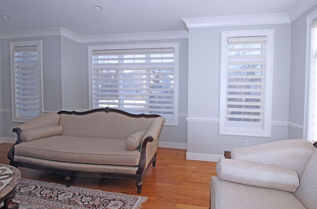 Modern living room with sheer blinds in Demarest, NJ, showcasing a blend of style and privacy.